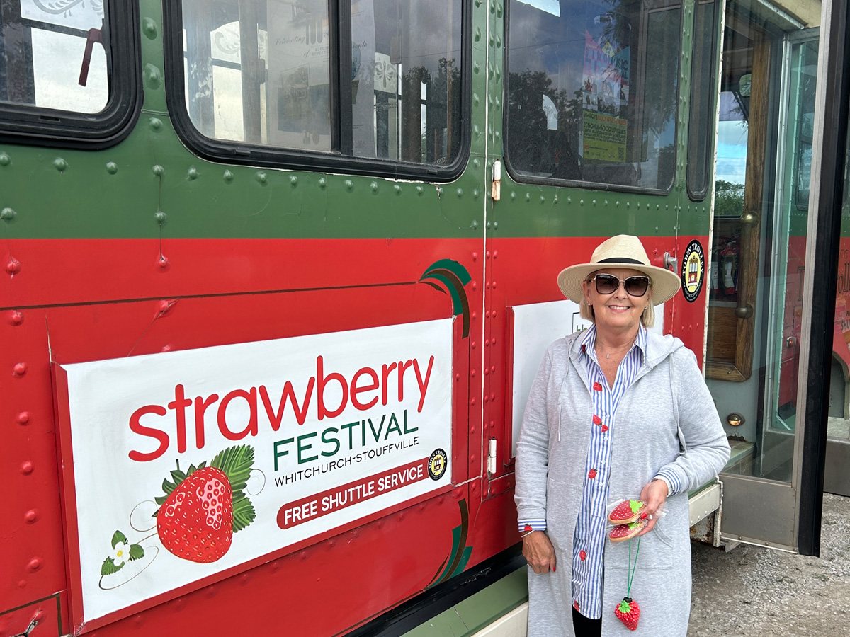 Sue with the Strawberry Festival trolley car