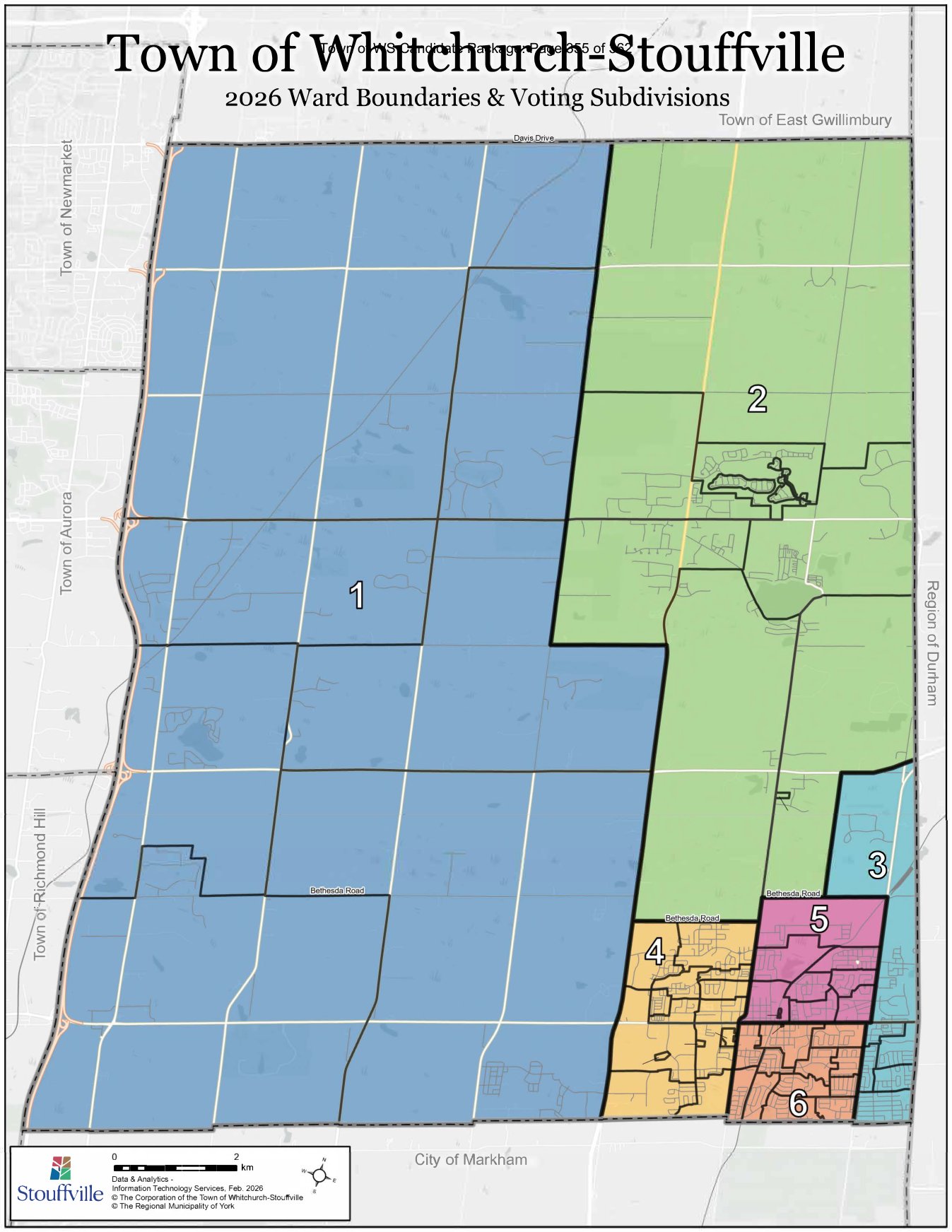 Map of the Town of Whitchurch-Stouffville showing all six ward boundaries